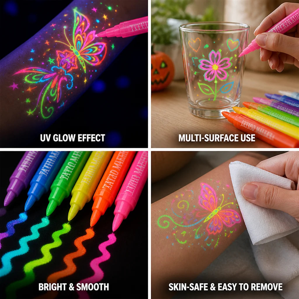 UV Glow Fluorescent Fast-Drying Soft Tip Tattoo Pens