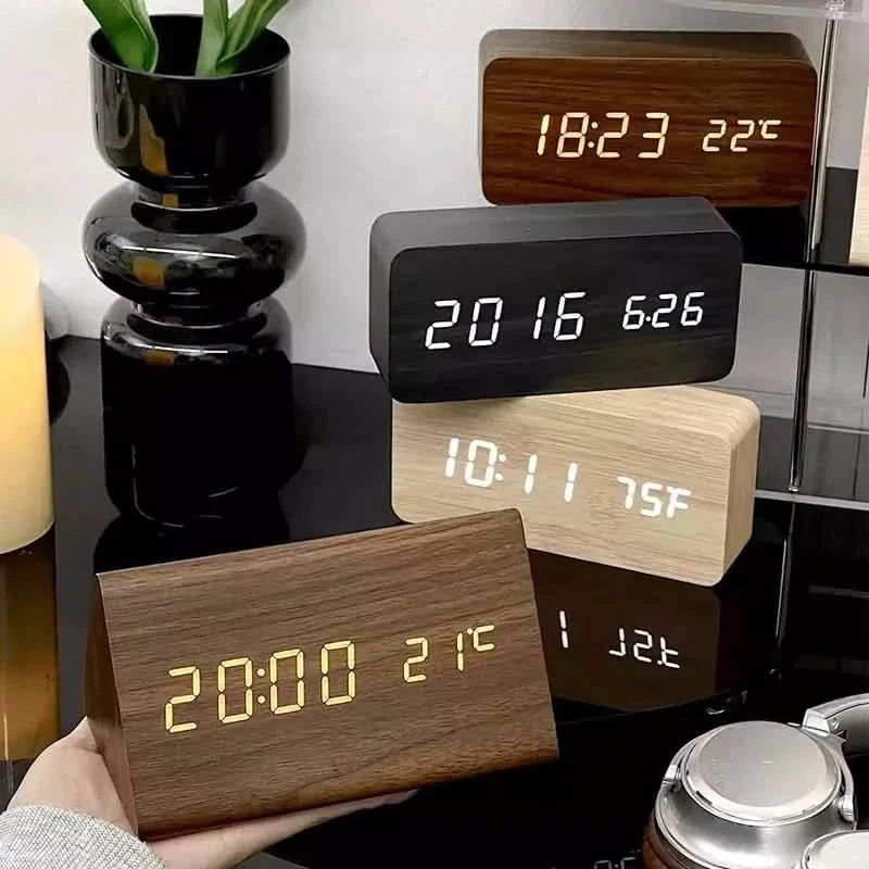 LED Alarm Clock Wood Effect with 3 Alarms & Temperature