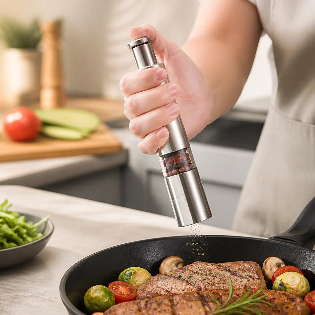 Single-Hand Stainless Steel Salt and Pepper Grinder (2-Pack)