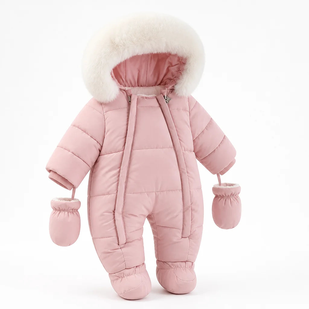 Padded Baby Romper with Faux Fur Hood (Built-in Hand Warmers)