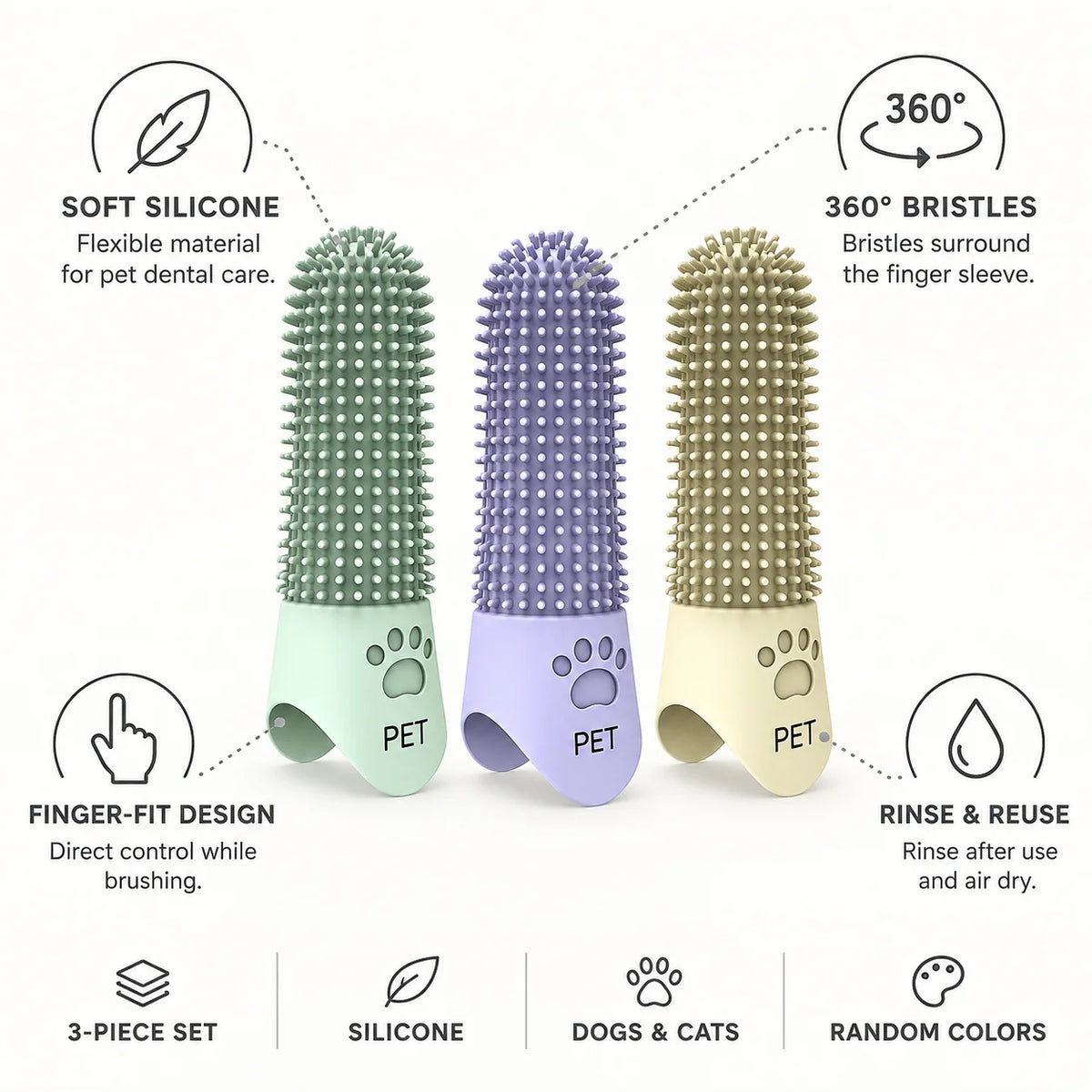 Pet Toothbrush for Dogs & Cats Silicone 360° Finger Brush (3-Pack)