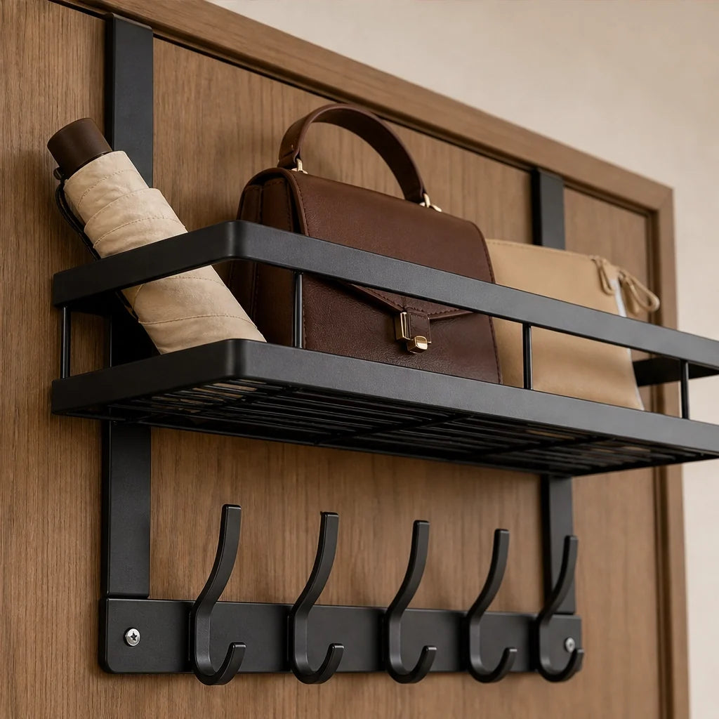Door Shelf Without Drilling – Basket & Hooks