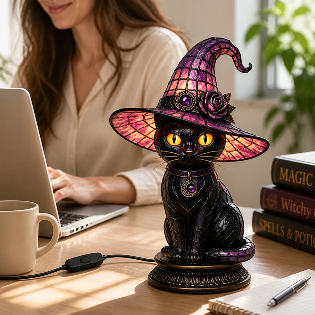 Table lamp with stained glass effect, gothic witch cat