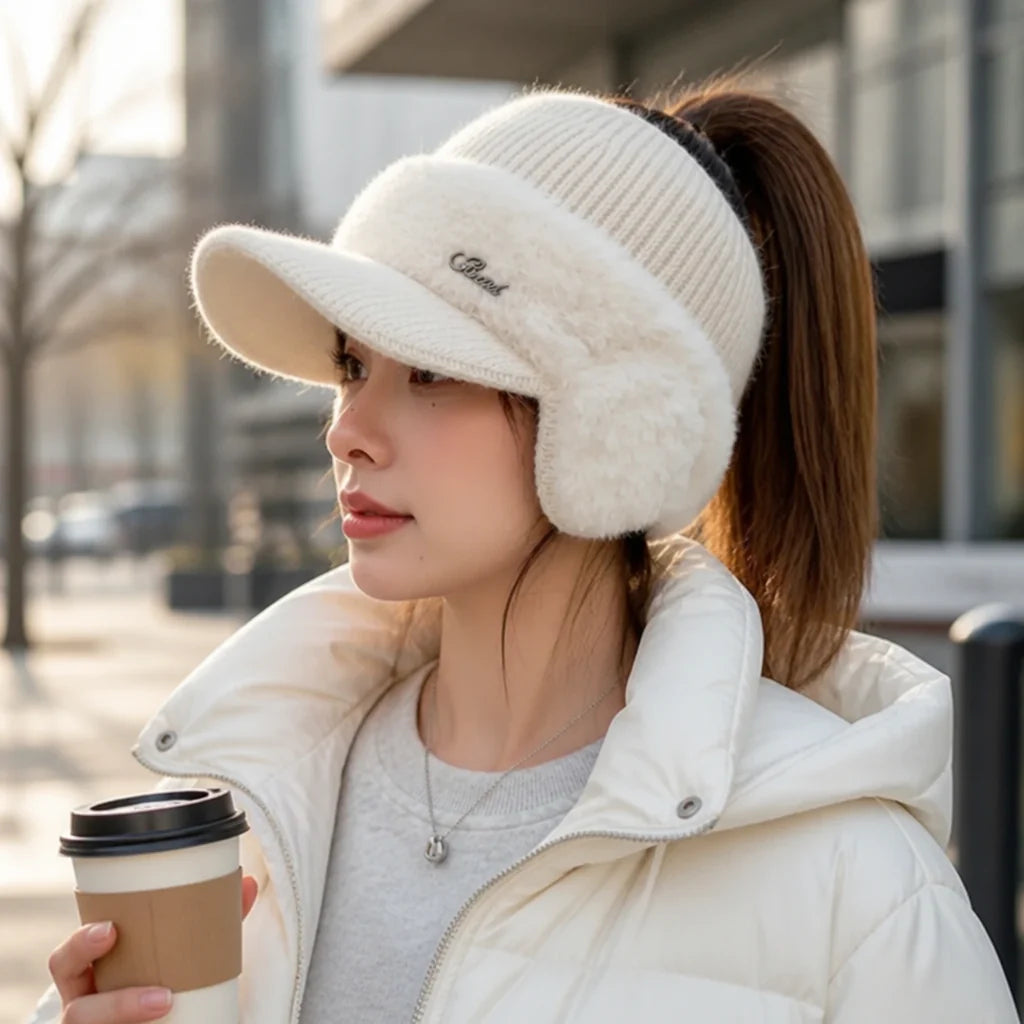 Knit Fleece-Lined Baseball Cap with Ear Warmer (Ponytail Opening)
