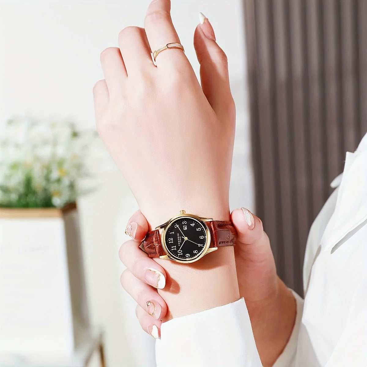 Women's Quartz Wristwatch, Square Dial, Faux Leather Strap