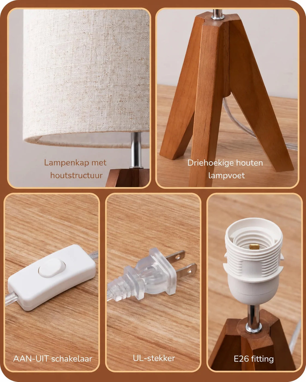 Wooden Table Lamp, Tripod Base, LED Bulb Included