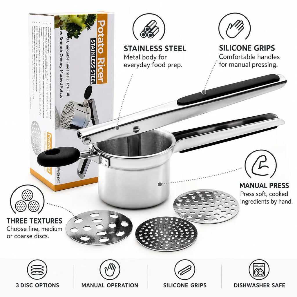 Potato Ricer Stainless Steel & 3 Discs (Dishwasher Safe)