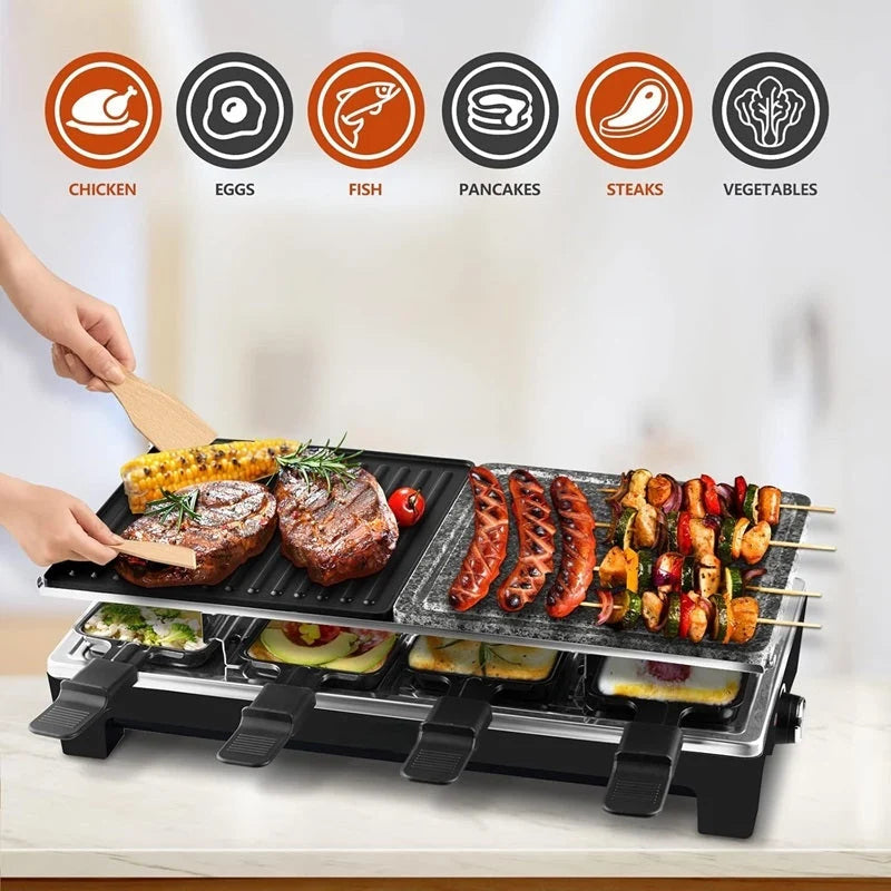 Electric Grill with 8 Raclette Pans & Reversible Nonstick Plate