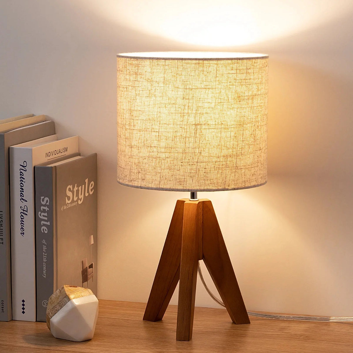 Wooden Table Lamp, Tripod Base, LED Bulb Included