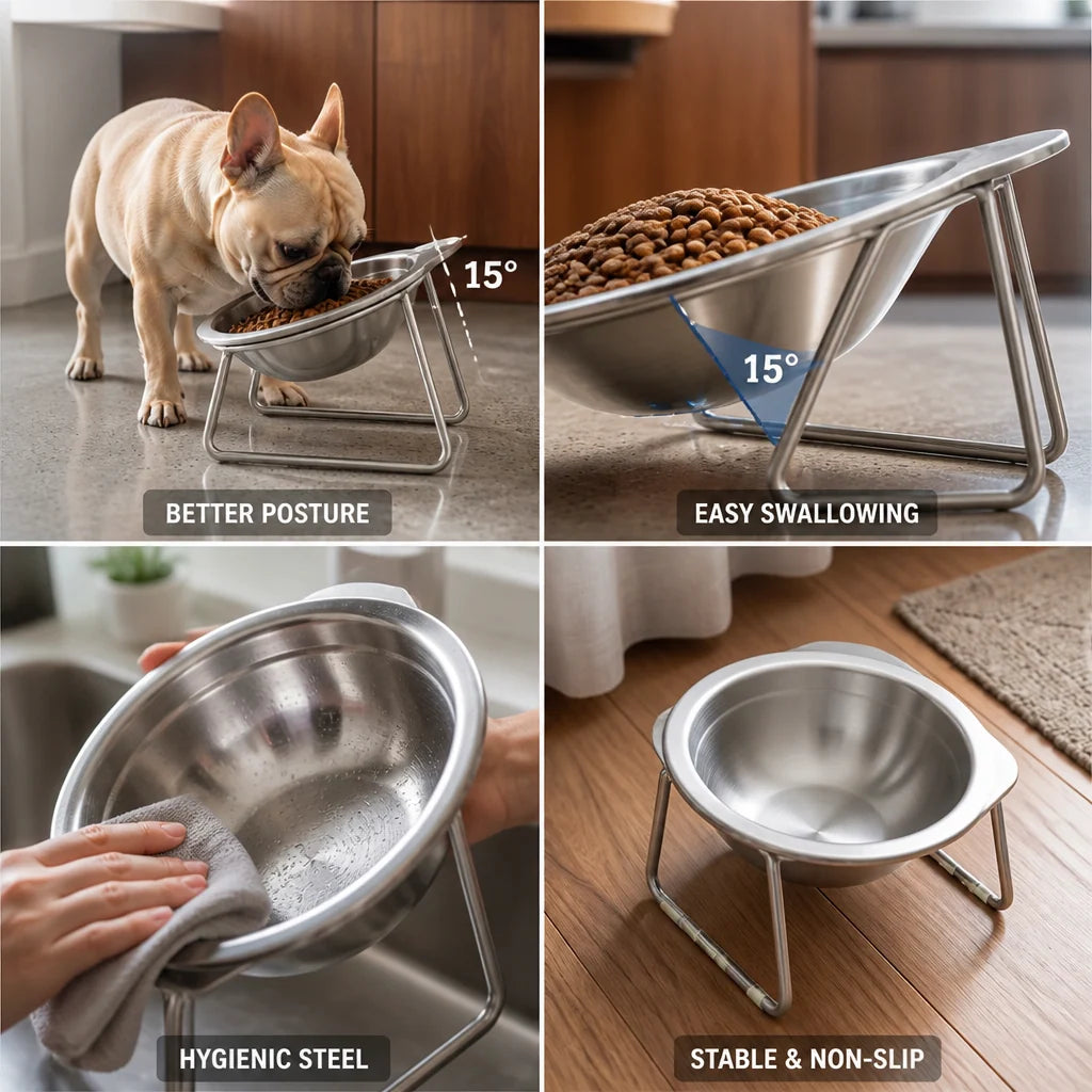 Small Dog Bowl Stainless Steel Tilted 15°