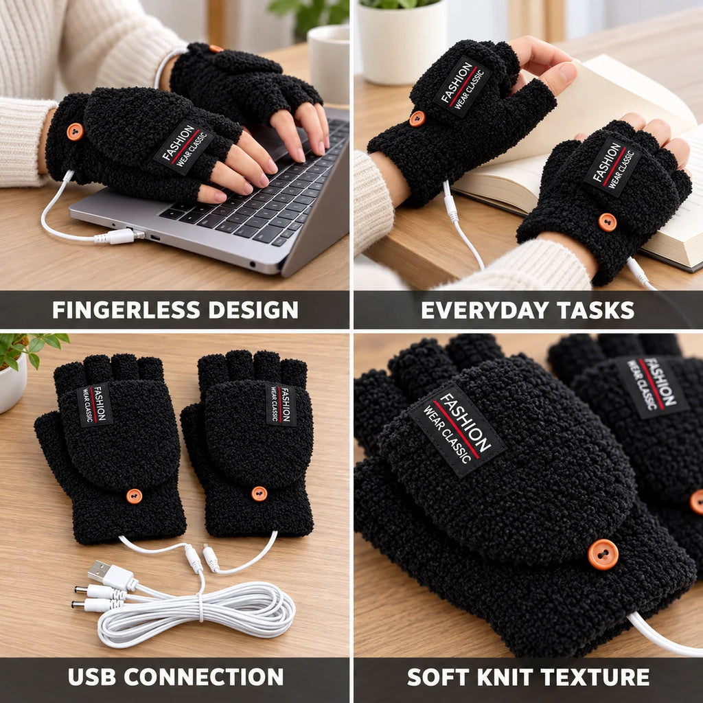 USB-powered adjustable heated fingerless folding gloves