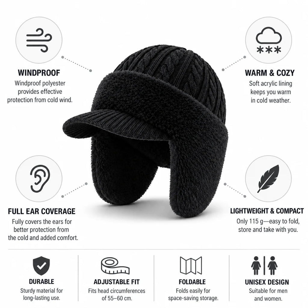 Trapper Hat Earflap Insulated Windproof Polyester & Acrylic Lining (Packable)