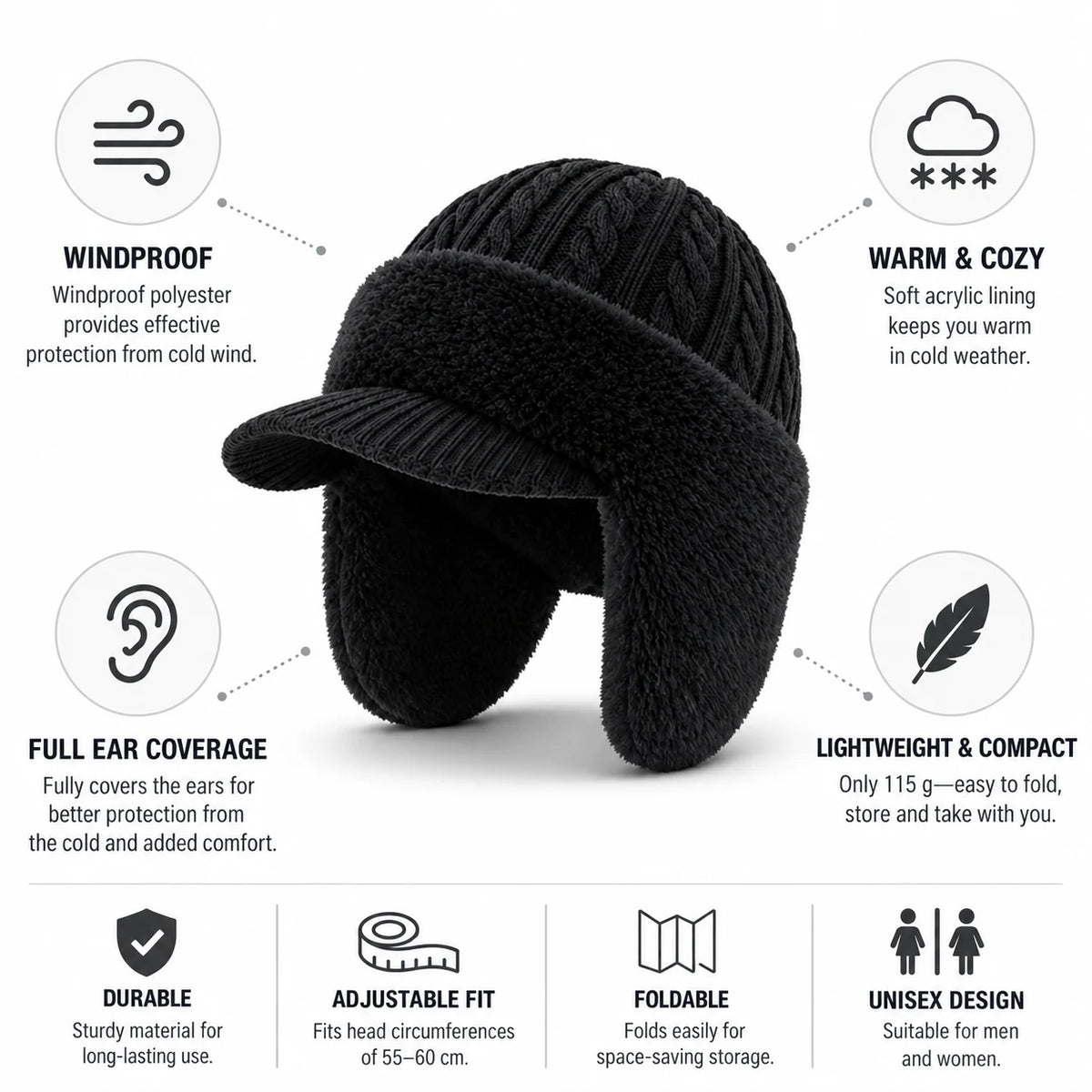 Trapper Hat Earflap Insulated Windproof Polyester & Acrylic Lining (Packable)