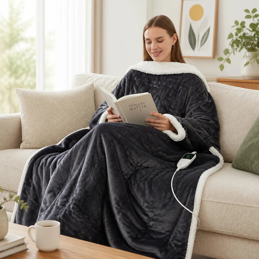 Sherpa-Lined, Machine Washable, Wearable Heated Blanket (with Sleeves and Foot Pockets)