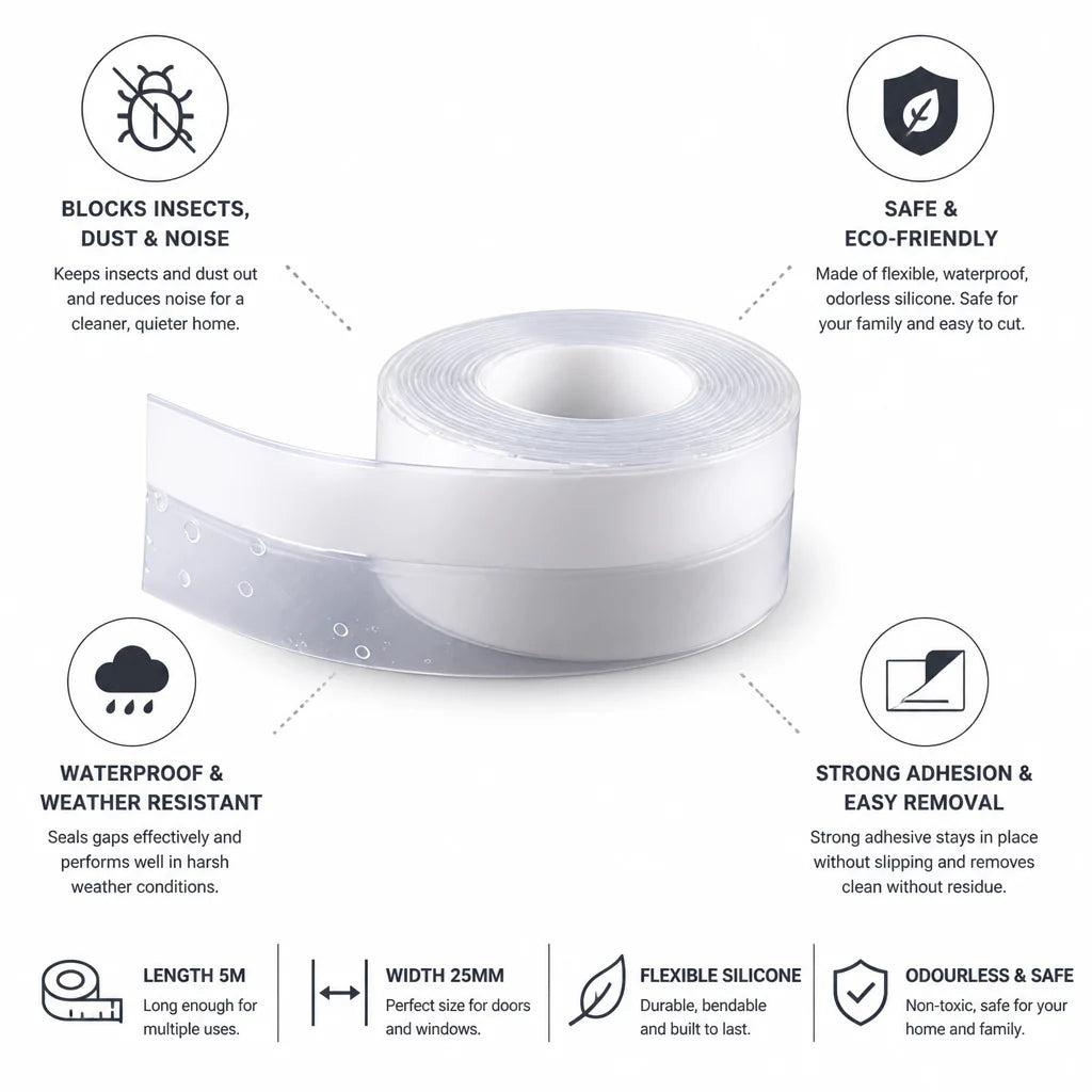 Self-adhesive flexible silicone sealing strip for door drafts (5 m)
