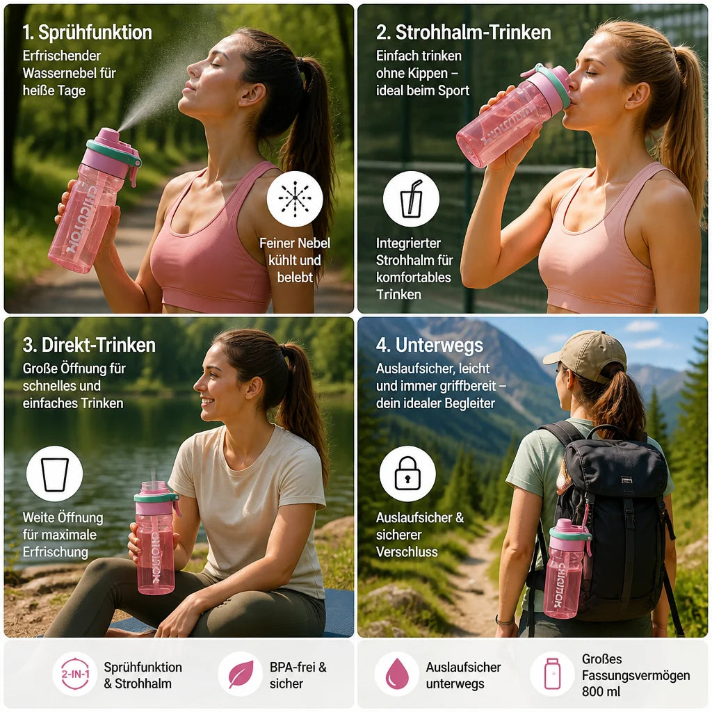 Sports Drinking Bottle with Spray Function & Straw