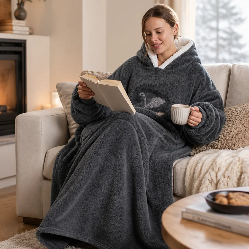 Oversized Sherpa Fleece Hoodie Blanket with Sleeves and Pocket (One Size)