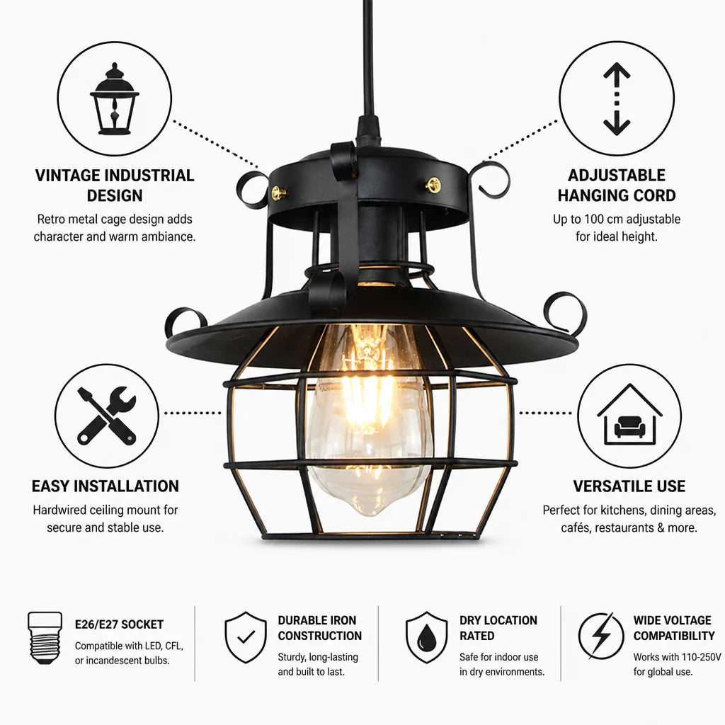 Adjustable Pendant Light in Iron Cage Design