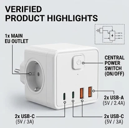 7-in-1 Wall Socket EU with USB & USB-C