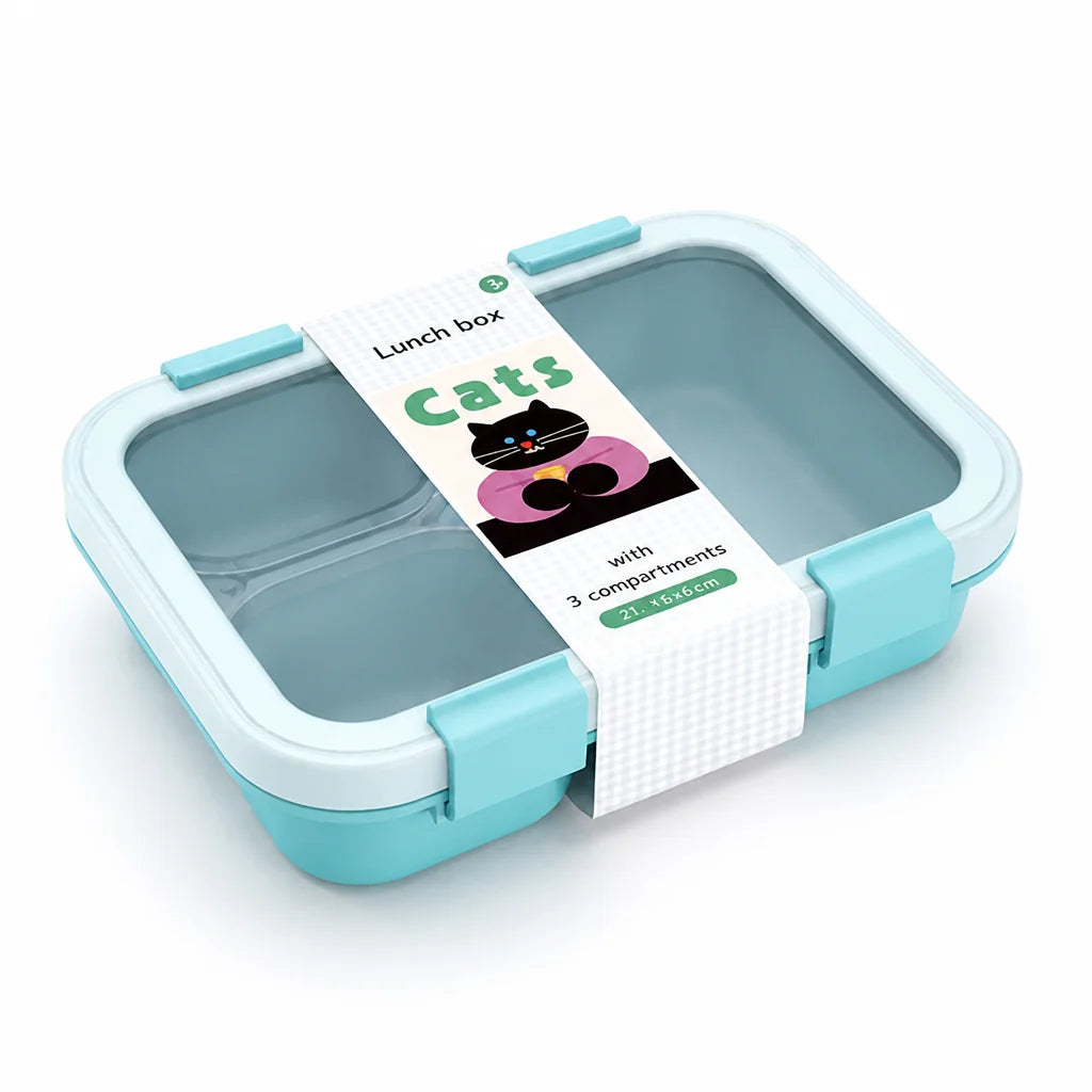 Lunchbox for children with three compartments and four clips (including fork and spoon)