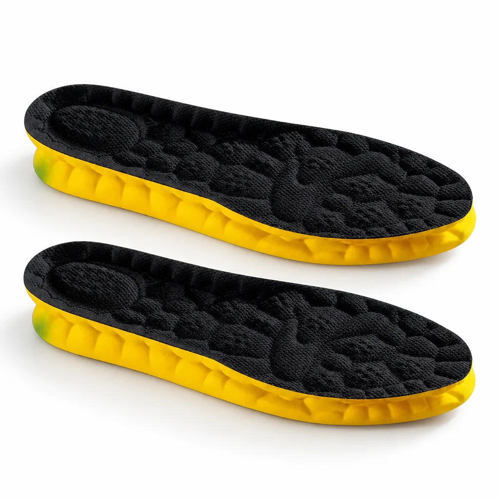 Shock-absorbing, perforated insoles with arch support