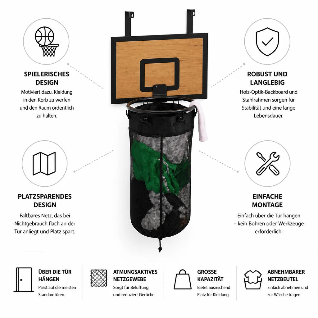 Over-the-Door Basketball Hoop with Laundry Basket (Removable Net Bag)