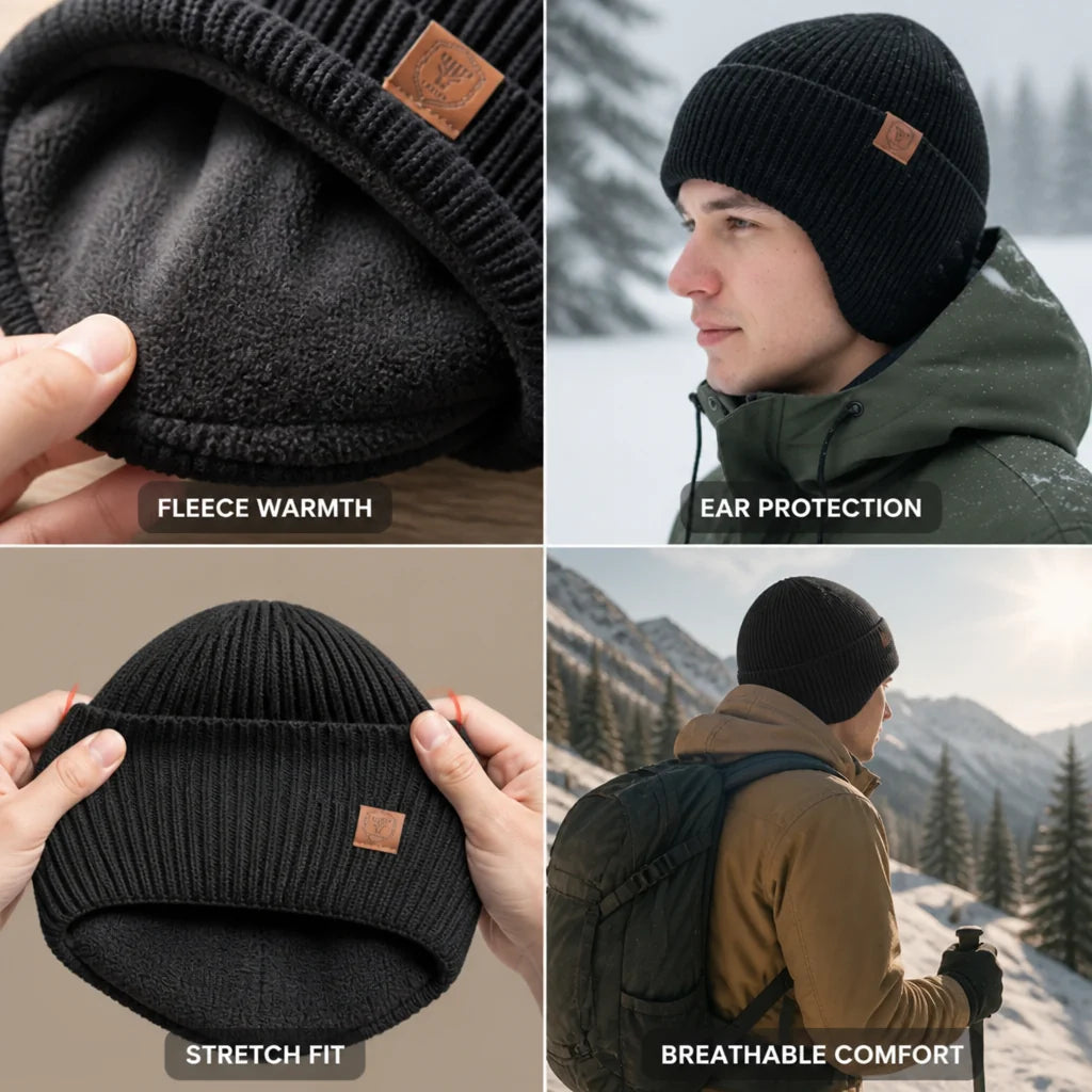 Knitted winter hat with fleece lining and ear flaps