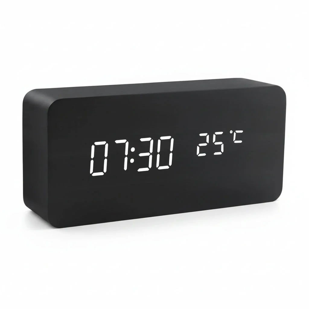 LED Alarm Clock Wood Effect with 3 Alarms & Temperature