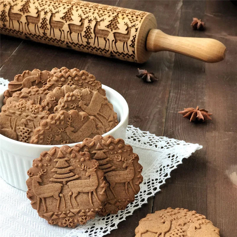 Patterned Rolling Pin with Christmas Cookie Cutters