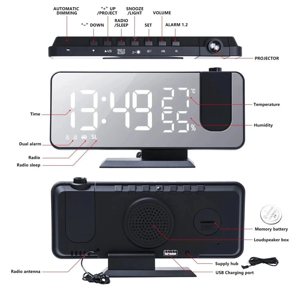 Projection Alarm Clock FM Radio & USB Charging Port