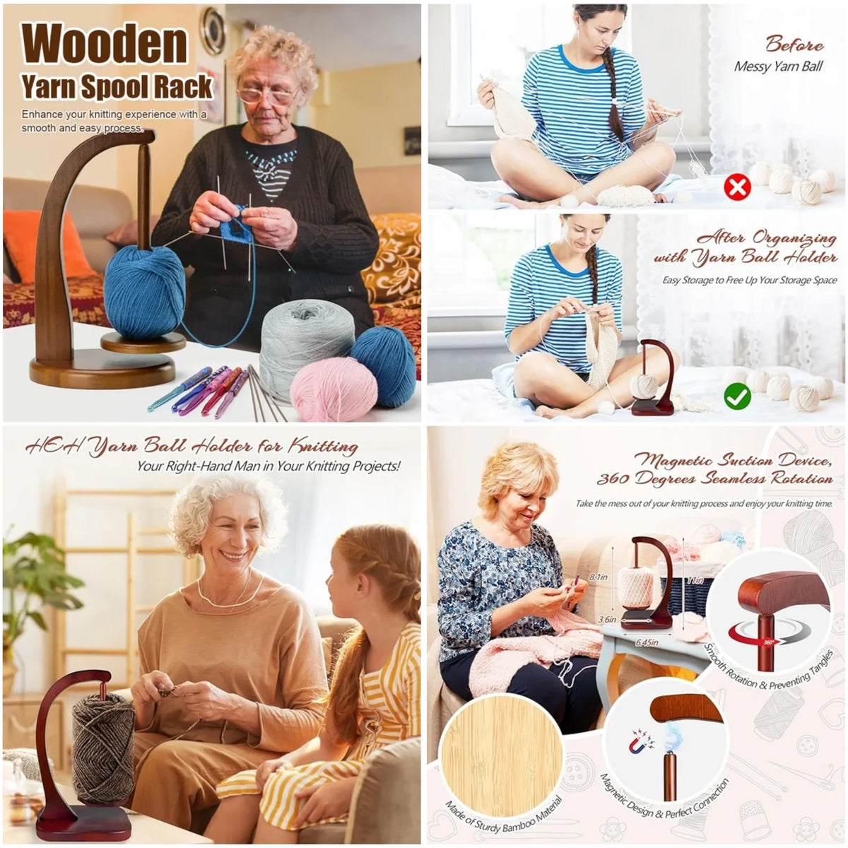 YarnMaster Wooden Yarn Winder with 360° Rotation Function