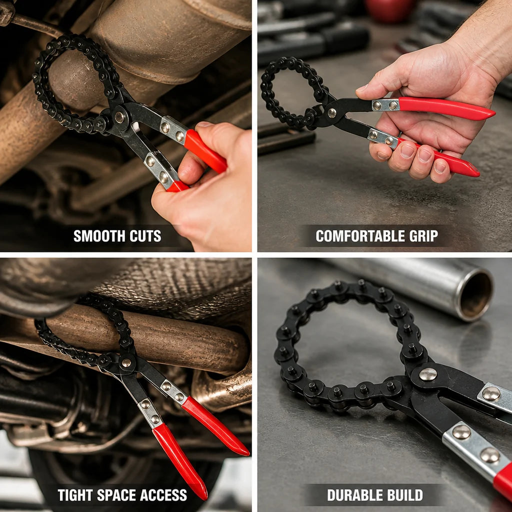Compact ergonomic pipe cutter pliers with chain roller