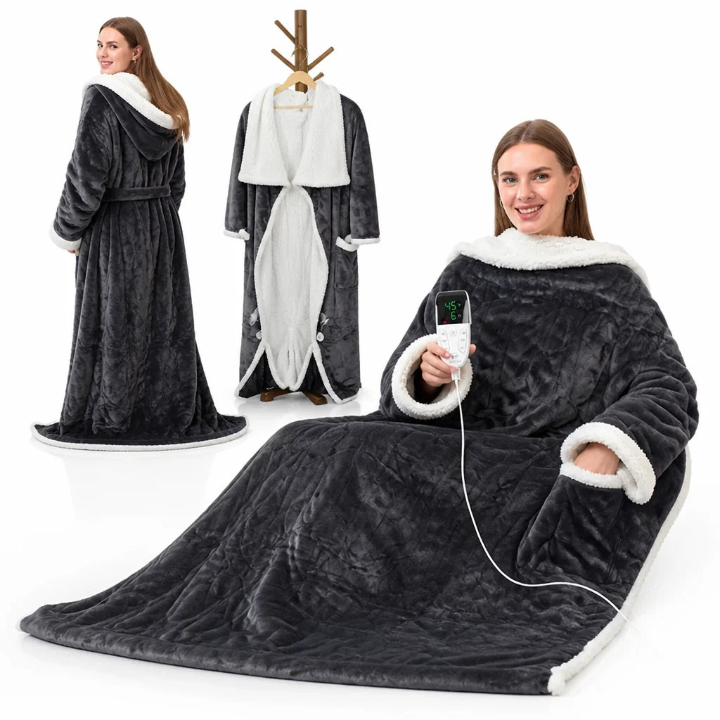 Sherpa-Lined, Machine Washable, Wearable Heated Blanket (with Sleeves and Foot Pockets)