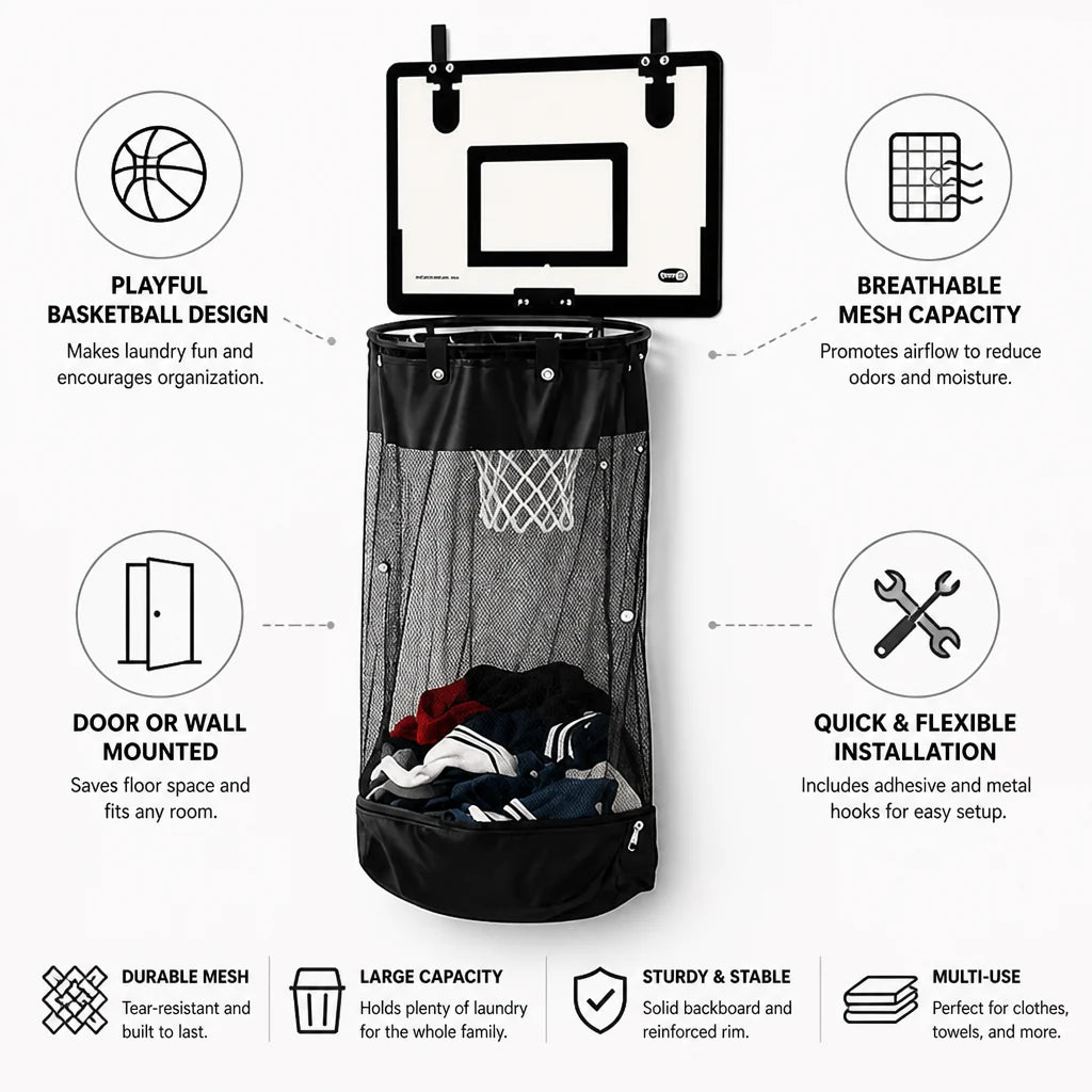 Playful Basketball Style Breathable Laundry Bag (Door/Wall Mount)