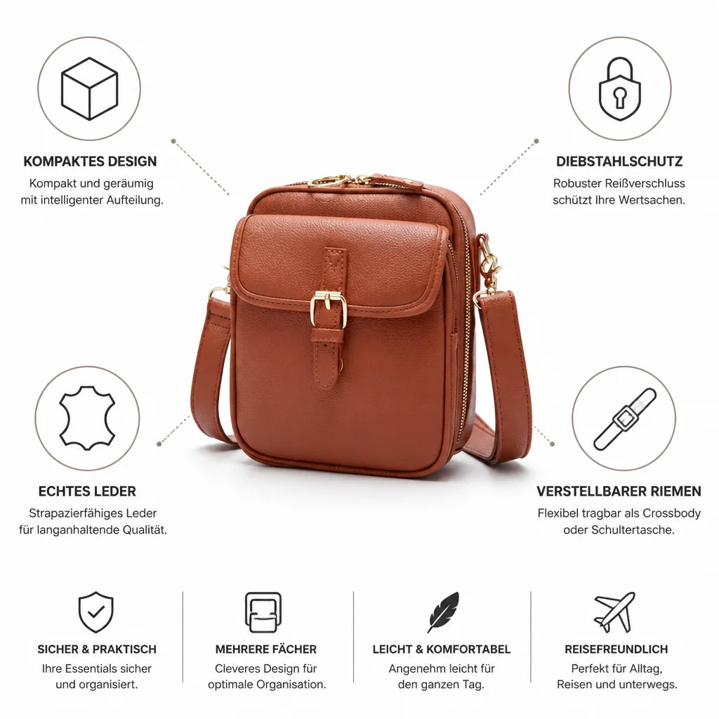 Compact Leather Crossbody Bag with Anti-Theft Protection