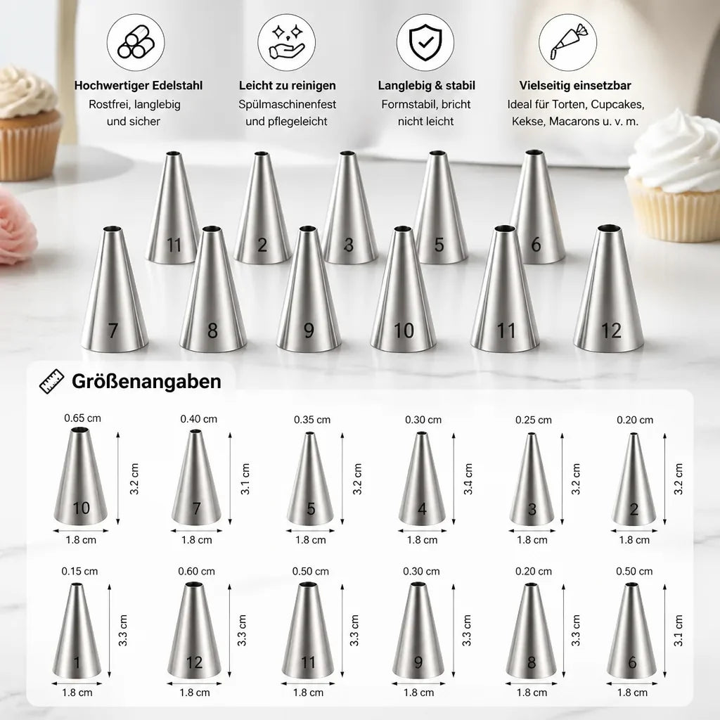 12-piece piping nozzle set for cakes & cupcakes