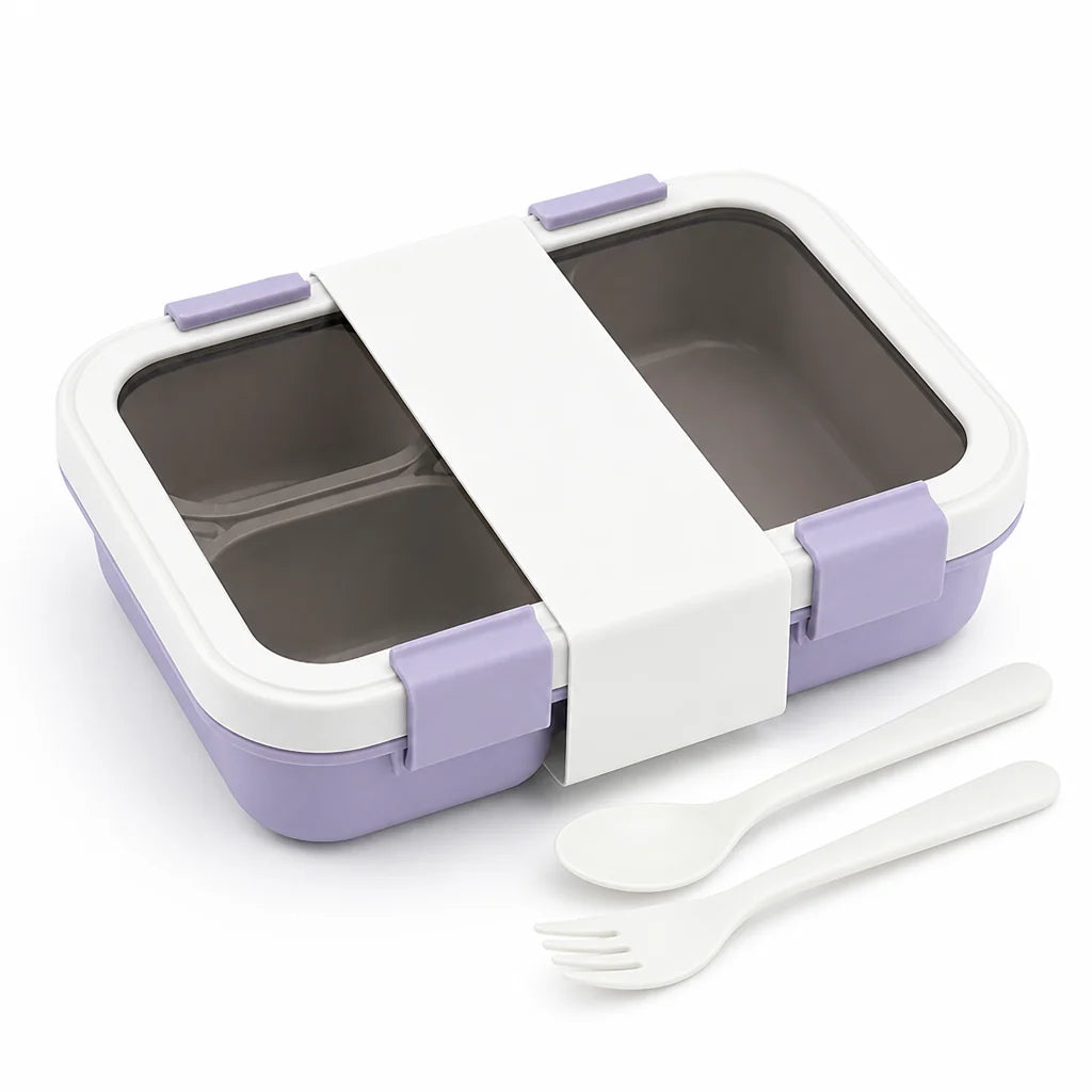 Lunchbox for children with three compartments and four clips (including fork and spoon)