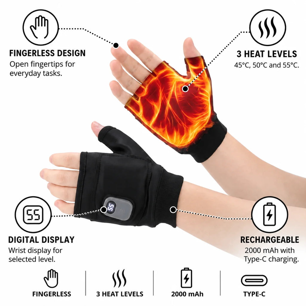 Rechargeable Heated Fingerless Gloves (Digital Temperature Display)