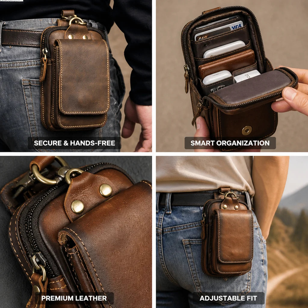 Full-grain cowhide leather fanny pack with magnetic flap and zipper