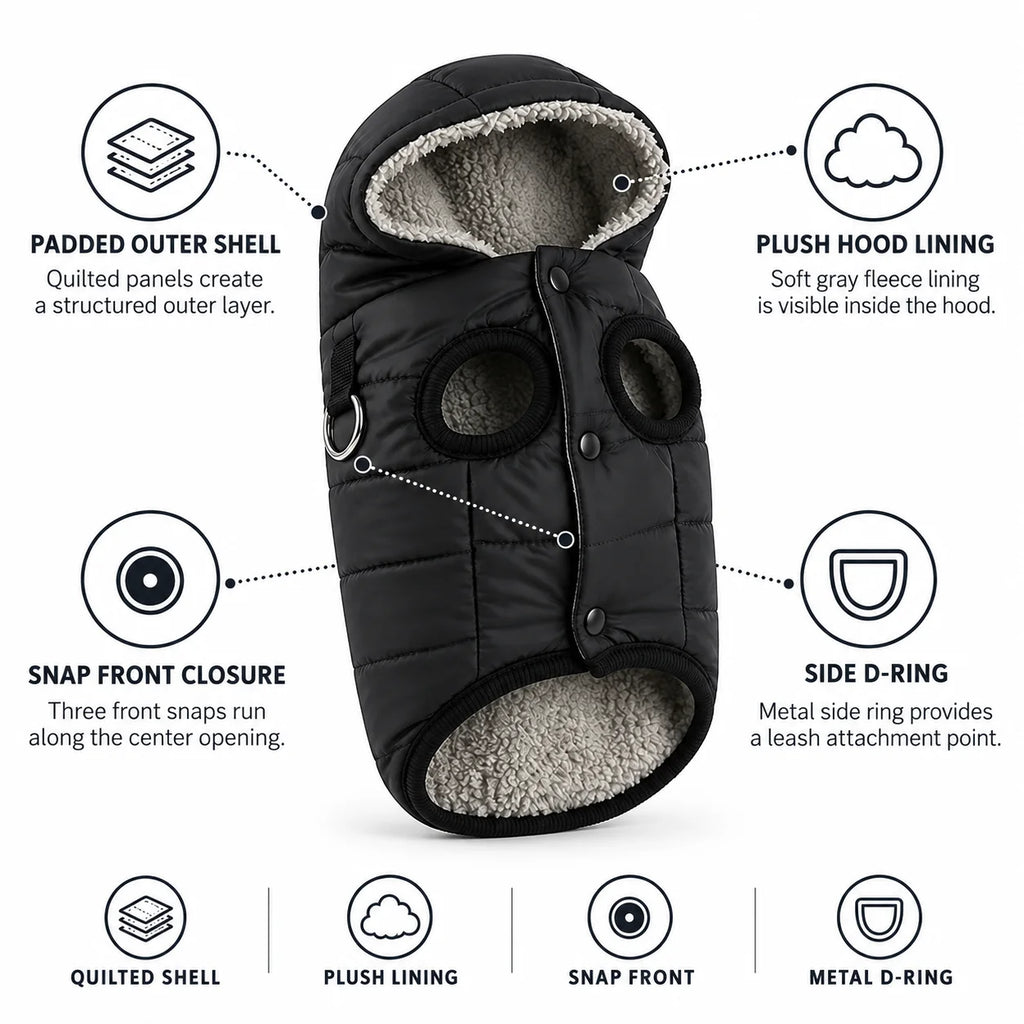 Windproof, fleece-lined dog winter vest with integrated D-ring
