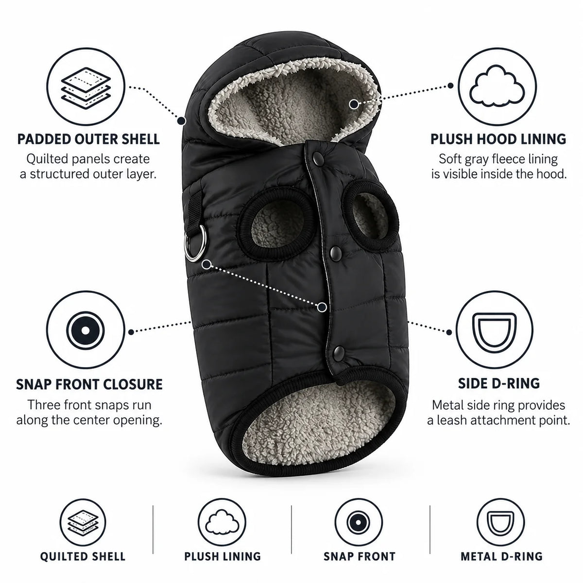 Windproof, fleece-lined dog winter vest with integrated D-ring