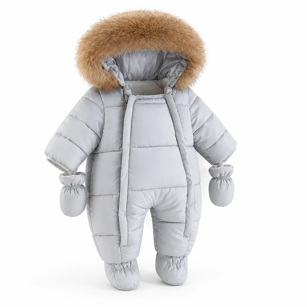 Padded Baby Romper with Faux Fur Hood (Built-in Hand Warmers)