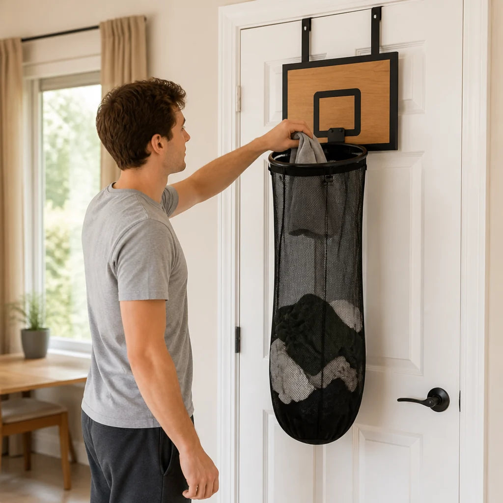 Over-the-Door Basketball Hoop with Laundry Basket (Removable Net Bag)