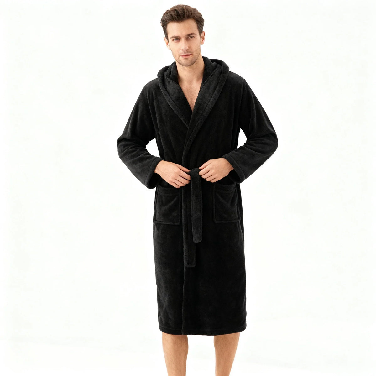 Men's Hooded Bathrobe with High Volume and Quick-Drying Plush C1