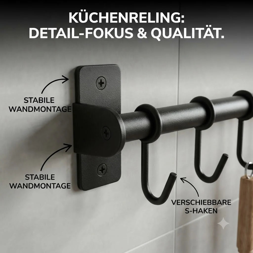Wall rail kitchen with S-hooks and lid holder