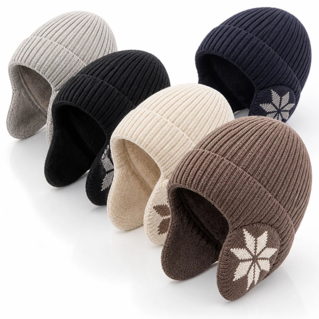 Fleece Lined Beanie Ribbed Knit & Ear Flap (One Size Fits Most)