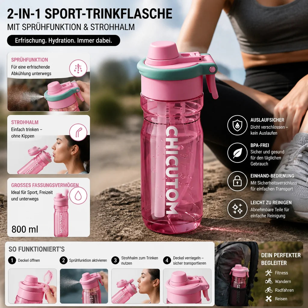 Sports Drinking Bottle with Spray Function & Straw