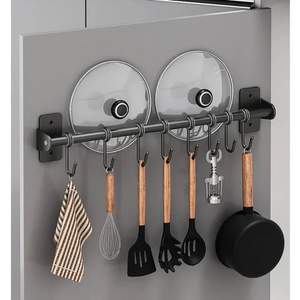 Wall rail kitchen with S-hooks and lid holder