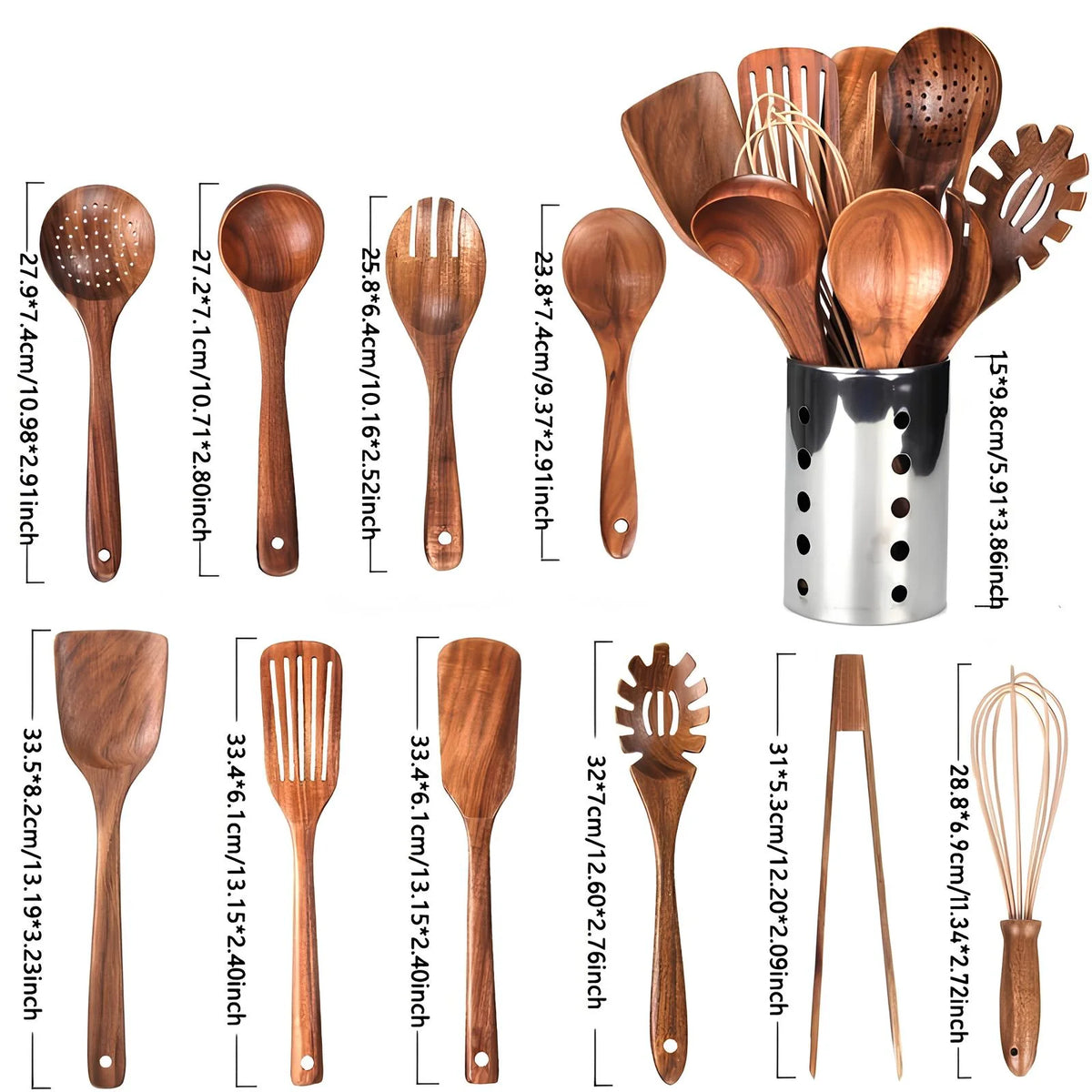 Teak Kitchen Utensils Set 11-Piece with Holder