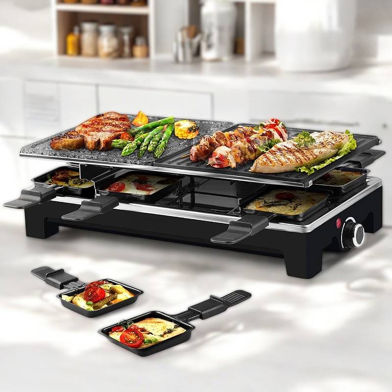 Electric Grill with 8 Raclette Pans & Reversible Nonstick Plate
